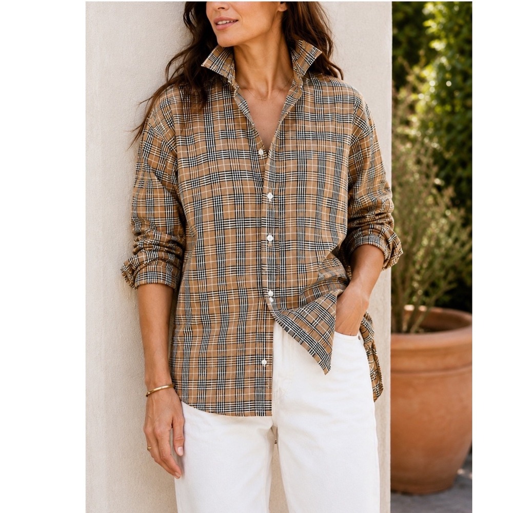 Frank & Eileen Joedy Button Down Shirt 100% Cotton Camel Black Plaid Size XS